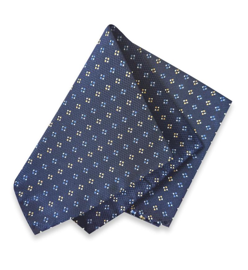 Premium ručno rađeni svileni džepni rupčić tamnoplave boje s plavim i zlatnim geometrijskim motivom 30x30 cm