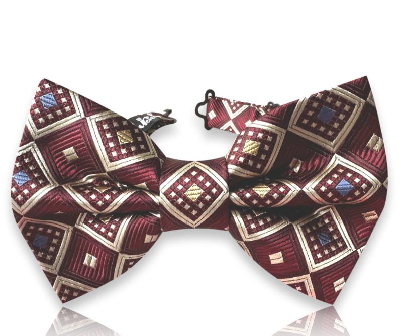 Premium ručno izrađena svilena leptir mašna Heritage Collection No. 001 s bordo geometrijskim žakard uzorkom.