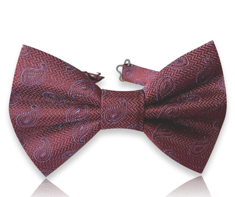Bordo svilena leptir mašna s plavim paisley uzorkom i žakard teksturom