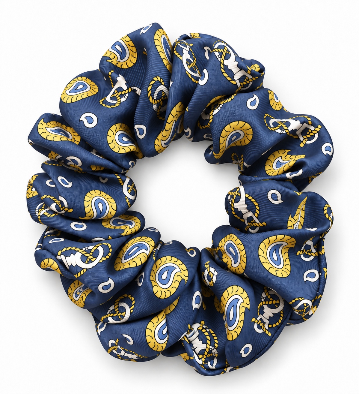 Navy Paisley tamnoplava svilena gumica za kosu sa zlatnim paisley motivima