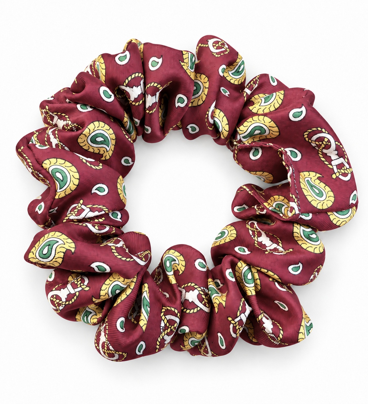 Bordeaux Verde bordo svilena gumica za kosu sa zlatnim i zelenim paisley motivima